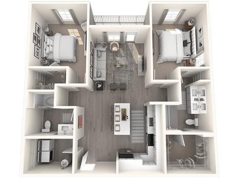 a 3d floor plan of a room with a bedroom and a bathroom
